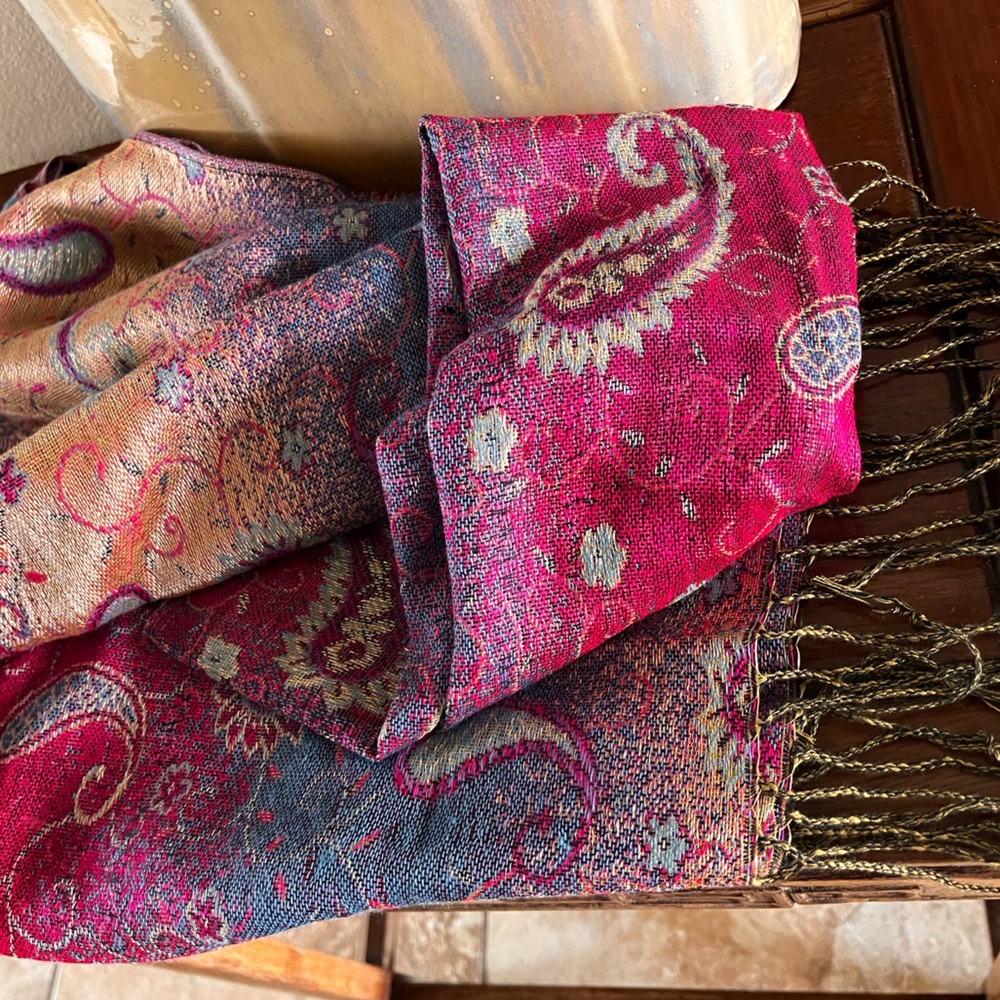 “Pashmina” style scarf blue pink purple gold colors - Picture 2 of 9